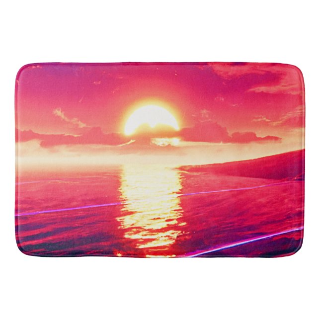 Digital Synthwave Sunset Sea Reflection Bath Mat (Front)
