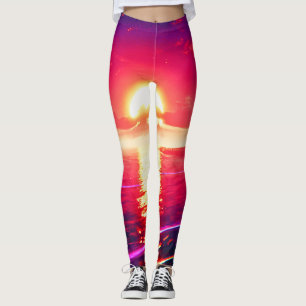Digital Synthwave Sunset Sea Reflection Leggings
