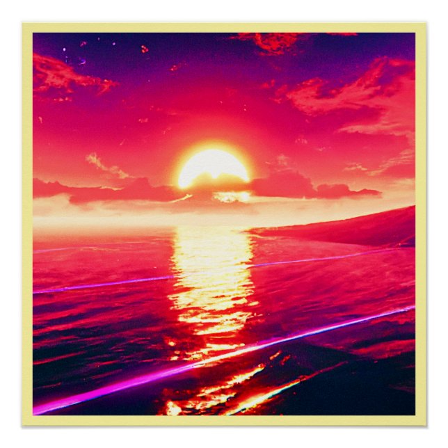 Digital Synthwave Sunset Sea Reflection Poster (Front)