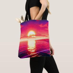 Digital Synthwave Sunset Sea Reflection Tote Bag