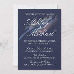 Digital Watercolor Feather on Navy Wedding Invitation