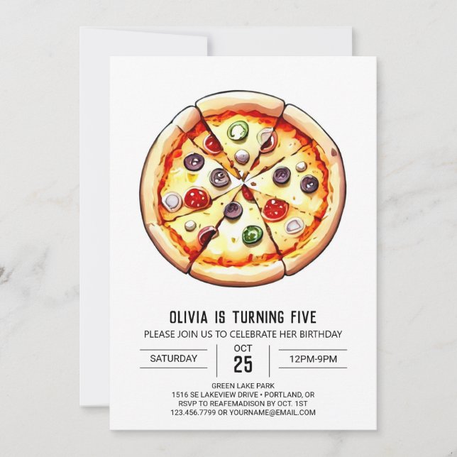  Digital Watercolor Pizza Birthday Invitation (Front)
