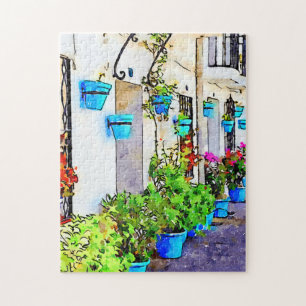 Digital watercolour of street in Mijas Pueblo Jigsaw Puzzle