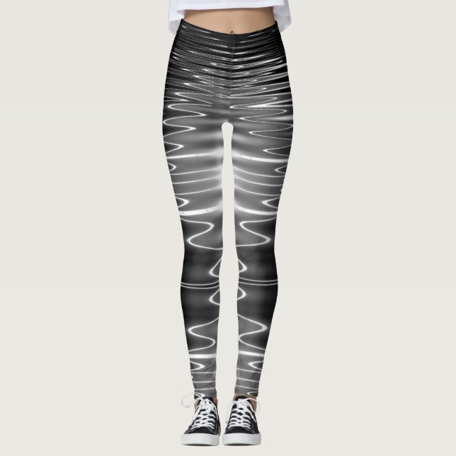 Digital Wavy Black Water Reflections by Tron Leggings (Front)
