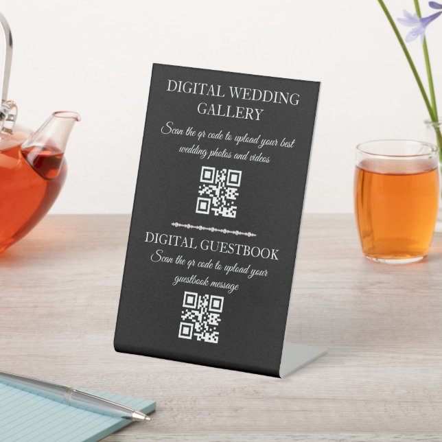 digital wedding gallery & guestbook qr code black pedestal sign (In SItu)