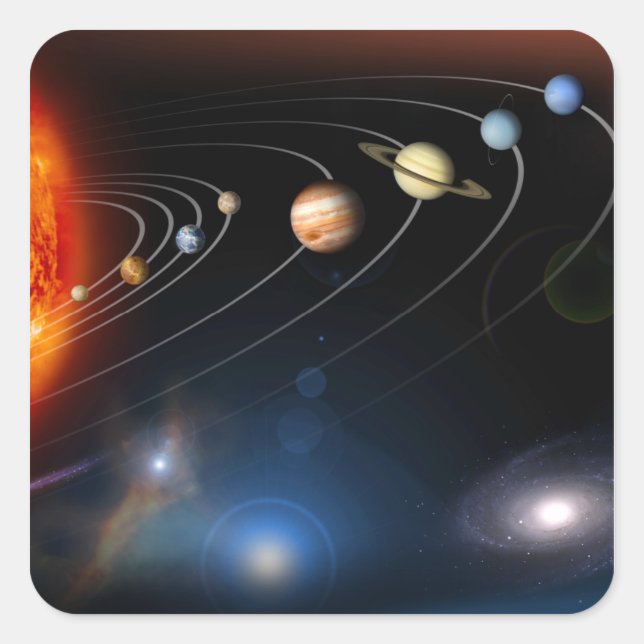 Digitally generated image of our solar system square sticker (Front)