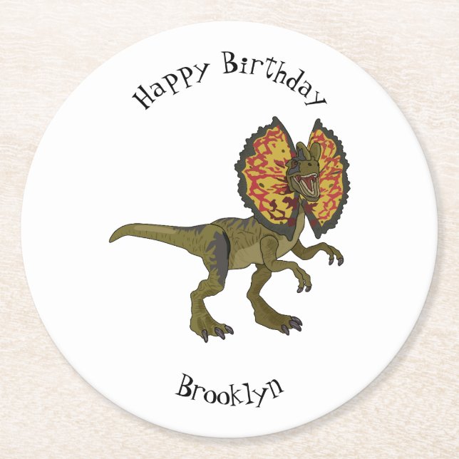 Dilophosaurus cartoon illustration round paper coaster (Front)