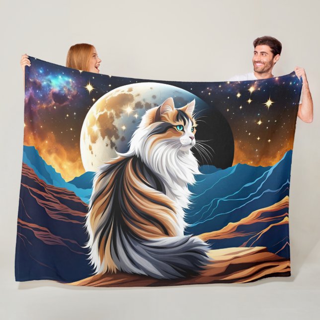 Dilute Calico Cat and Desert Moon Fleece Blanket (In Situ)