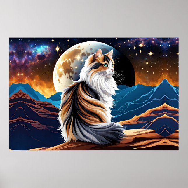 Dilute Calico Cat and Desert Moon Poster (Front)