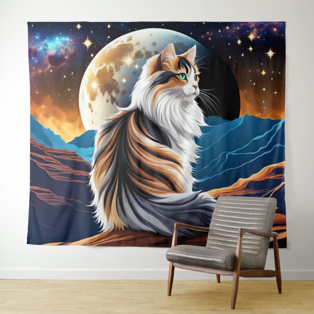 Dilute Calico Cat and Desert Moon Tapestry (In Situ (Horizontal))