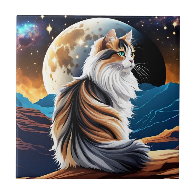 Dilute Calico Cat and Desert Moon Tile (Front)
