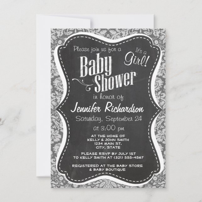 Dim Grey Damask; Retro Chalkboard Invitation (Front)