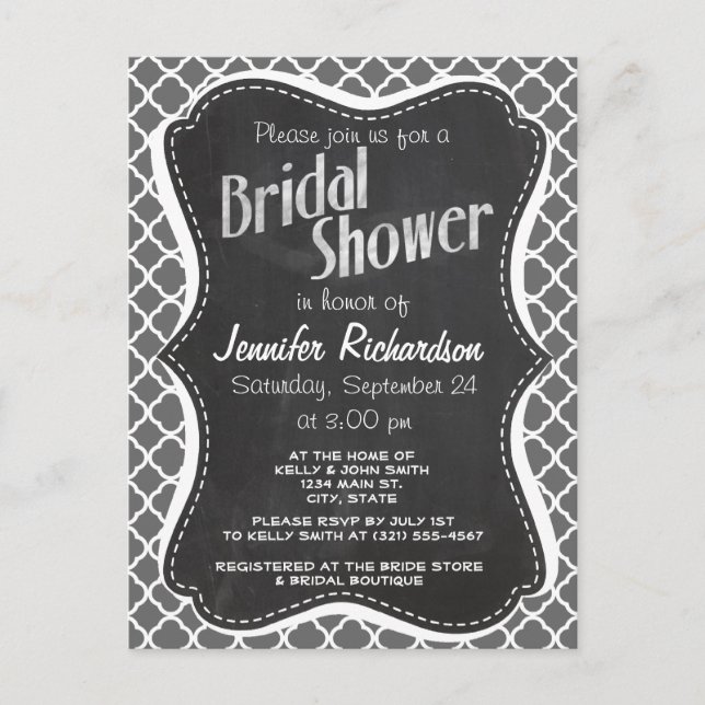 Dim Grey Quatrefoil; Chalkboard look Invitation Postcard (Front)