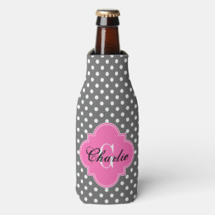 Dim Grey White Dots Hot Pink Quat Name Initial Bottle Cooler