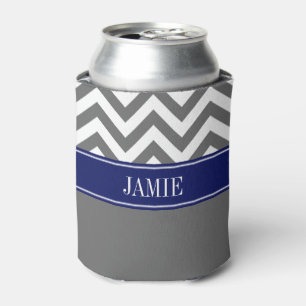 Dim Grey White LG Chevron Navy Name Monogram Can Cooler
