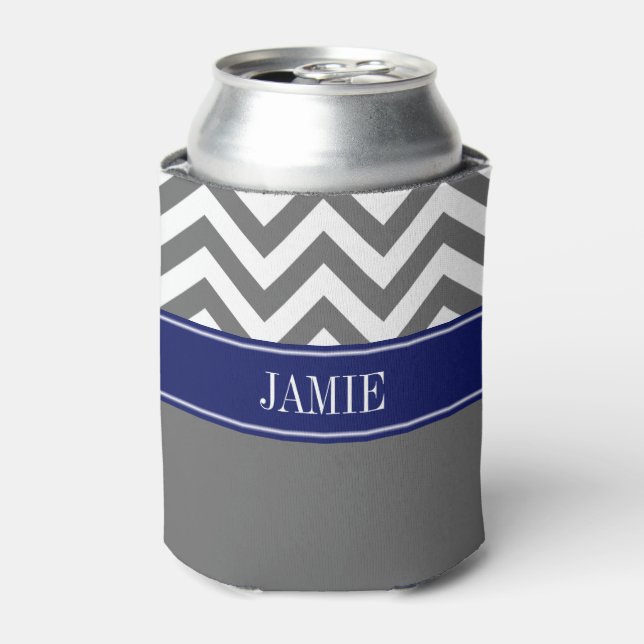 Dim Grey White LG Chevron Navy Name Monogram Can Cooler (Can Front)