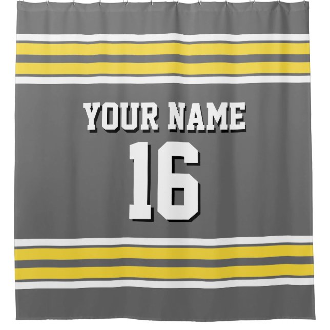 Dim Grey with Yellow White Stripes Sports Jersey Shower Curtain (Front)