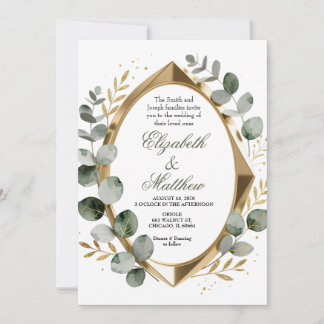 Dimensional Gold Eucalyptus Geometric Oval Invitation