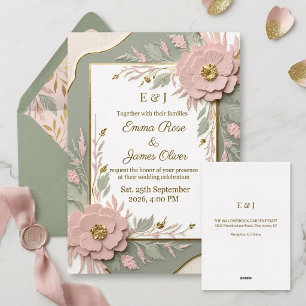 Dimensional Sage Green Gold Floral Wedding