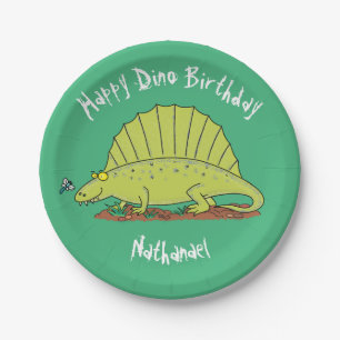 Dimetrodon happy green dinosaur cartoon paper plate
