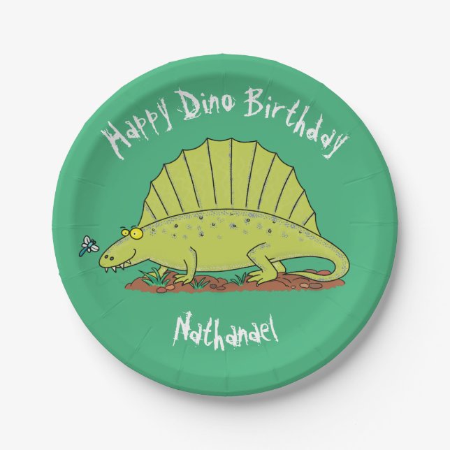 Dimetrodon happy green dinosaur cartoon paper plate (Front)
