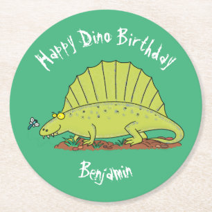 Dimetrodon happy green dinosaur cartoon round paper coaster