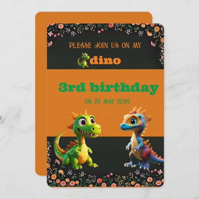 dinasaur cute birthday invitation (Front/Back)