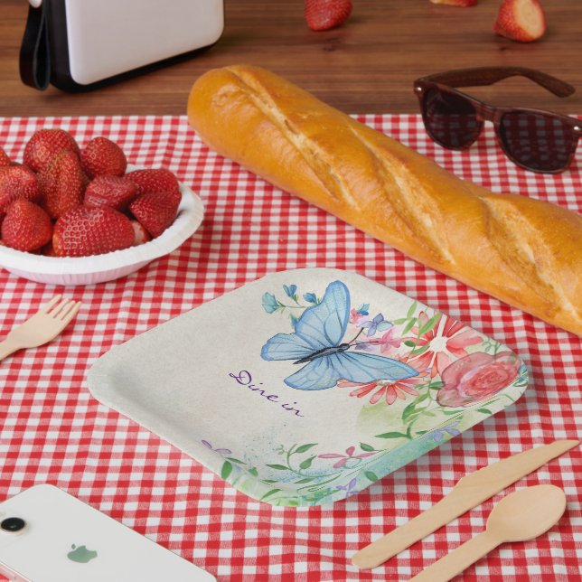 Dine In, Blue Butterfly Flower Watercolor Paper Plate (Picnic)