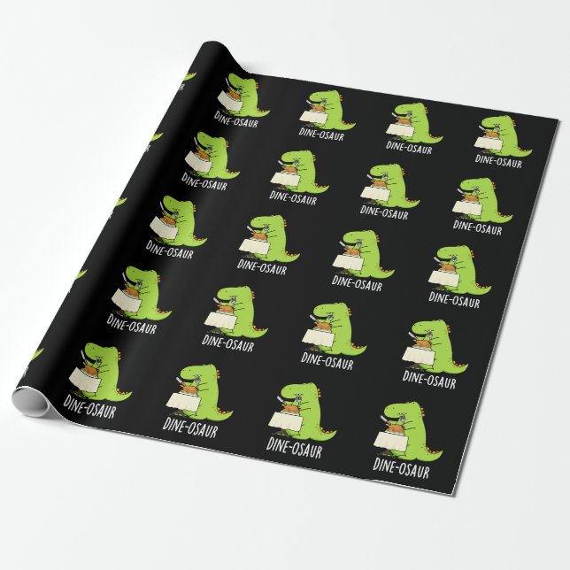 Dine-osaur Funny Dinosaur Pun Dark BG Wrapping Paper (Unrolled)