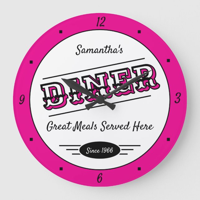 Diner Any Name Date Retro Hot Pink Black White Large Clock (Front)