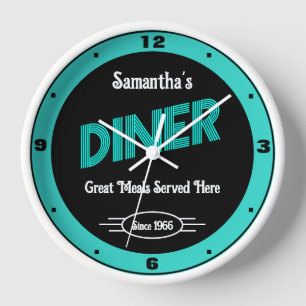 Diner Any Name Style Date Retro Turquoise Black Clock