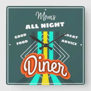 Diner Mum's Any Name Retro Stripes Tagline Teal Square Wall Clock
