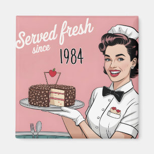 Diner Pin-Up: Retro Waitress and Custom Year Magnet
