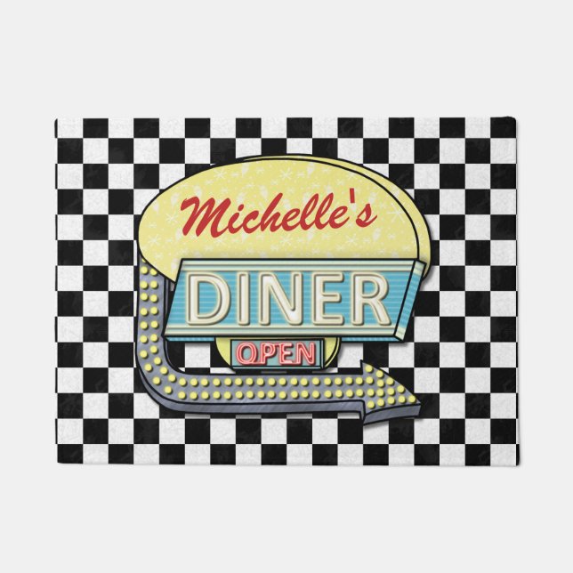 Diner Sign Retro 50s Black Checkered | Custom Name Doormat (Front)