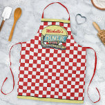 Diner Sign Retro 50s Mid-Century Modern Red Check Apron<br><div class="desc">Create your own personalised, 1950's style diner sign apron using this simple template. This cool retro kitchen art has a slightly distressed red-and-white chequered background with a sign on top that says "DINER" and "OPEN" in neon with space for you to add your own first or last name. The sign...</div>