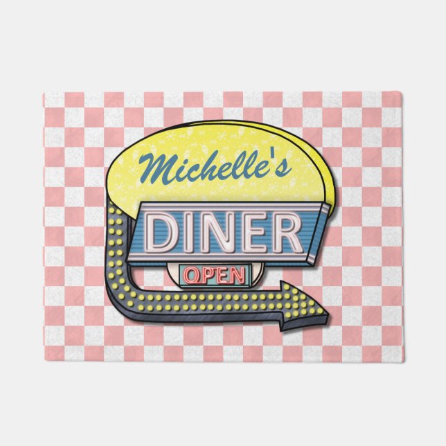 Diner Sign Retro 50s Pink Chequered | Custom Name Doormat (Front)
