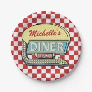 Diner Sign Retro 50s Red Checkered   Custom Name Paper Plate