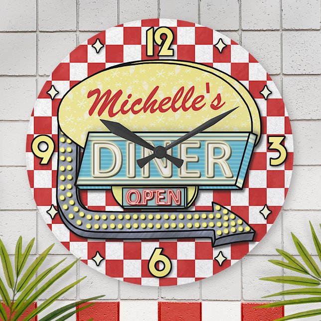 Diner Sign Retro 50s Red Checkered | Custom Name Round Clock (Creator Uploaded)