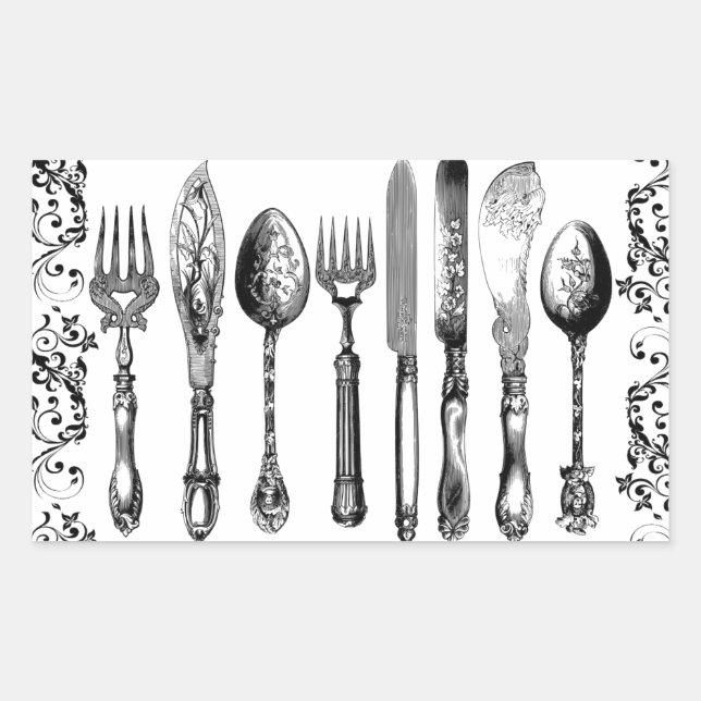 Dining Etiquette Order Forks Knives Spoons Rectangular Sticker (Front)