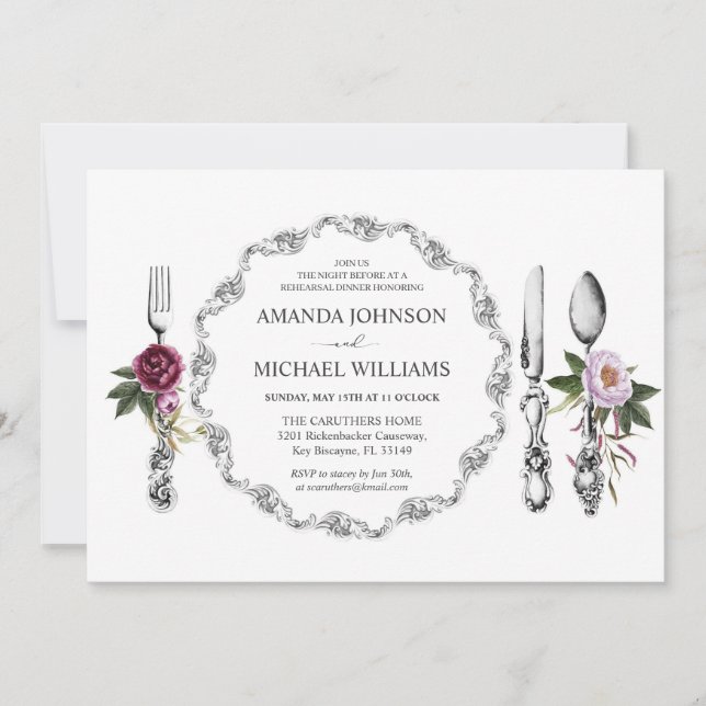 Dining Plate Spoon Fork Rehersal Dinner Party Invitation (Front)