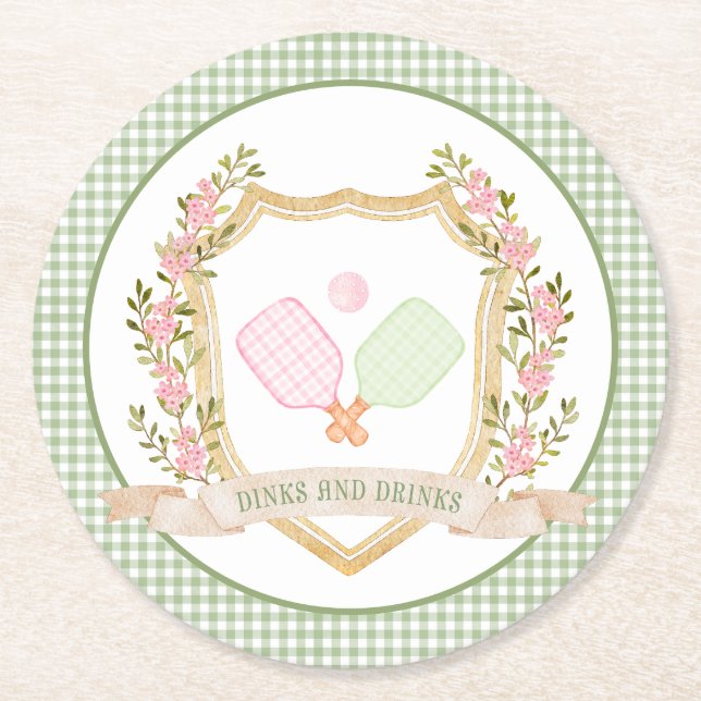 Dinks and Drinks| Preppy Pickle Ball Round Paper Coaster (Front)