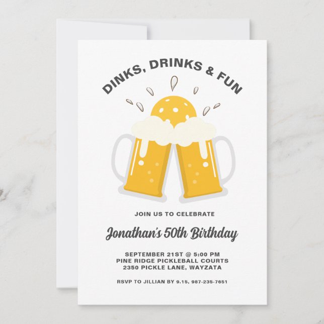 Dinks & Drinks Beer Mugs Pickleball Birthday Party Invitation (Front)