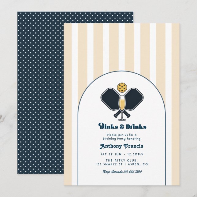 Dinks & Drinks Champagne Navy Pickleball Birthday Invitation (Front/Back)