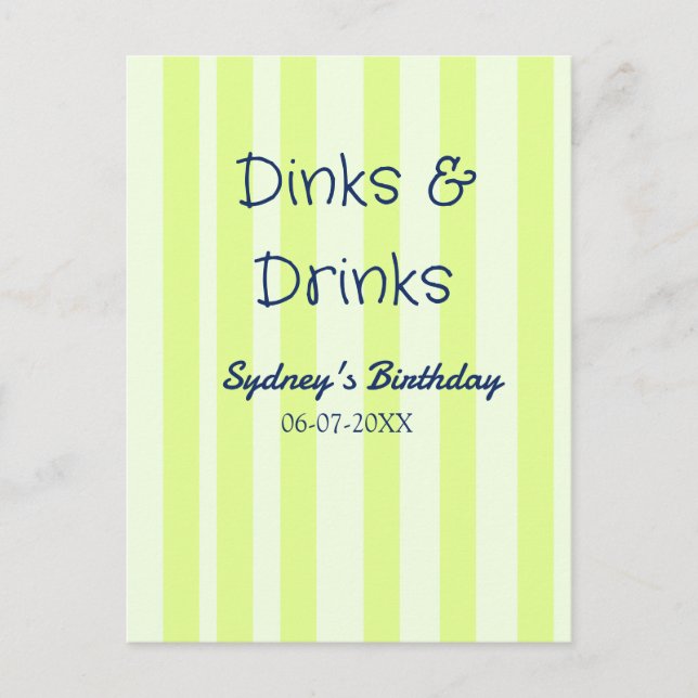 dinks & drinks green stripped birthday name date postcard (Front)