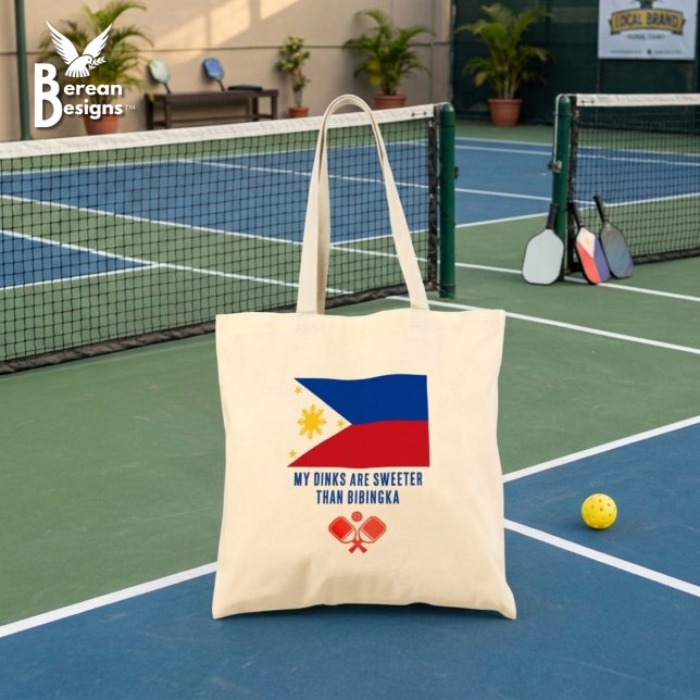 DINKS SWEETER THAN BIBINGKA Philippines Pickleball Tote Bag (Fun Phillippines Flag Pickleball Tote Bag with customizable text: My dinks are sweeter than bibingka)