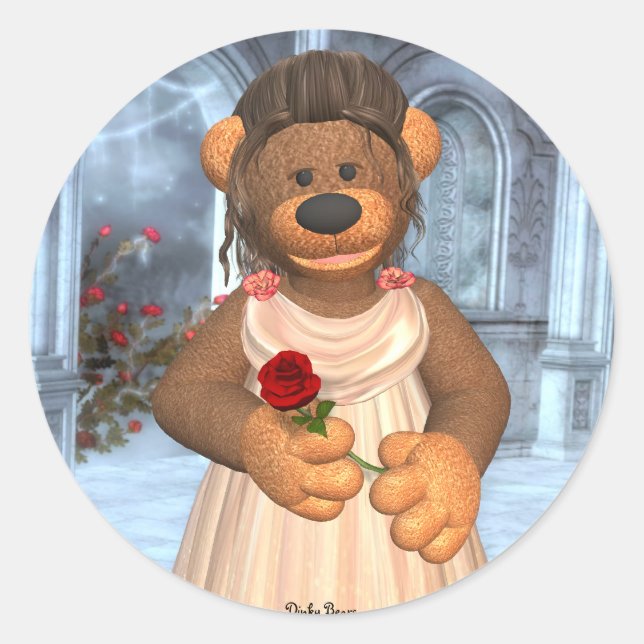 Dinky Bears Beauty with Rose Classic Round Sticker (Front)