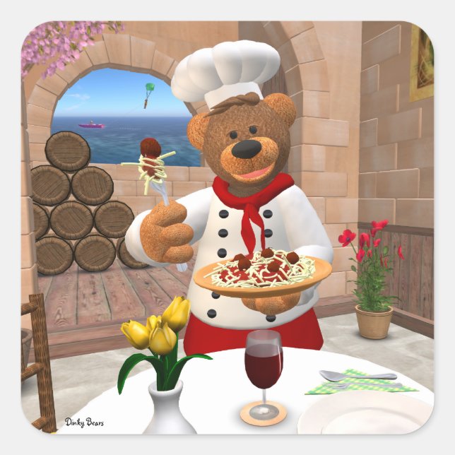 Dinky Bears Chef: Spaghetti with Meatballs Square Sticker (Front)