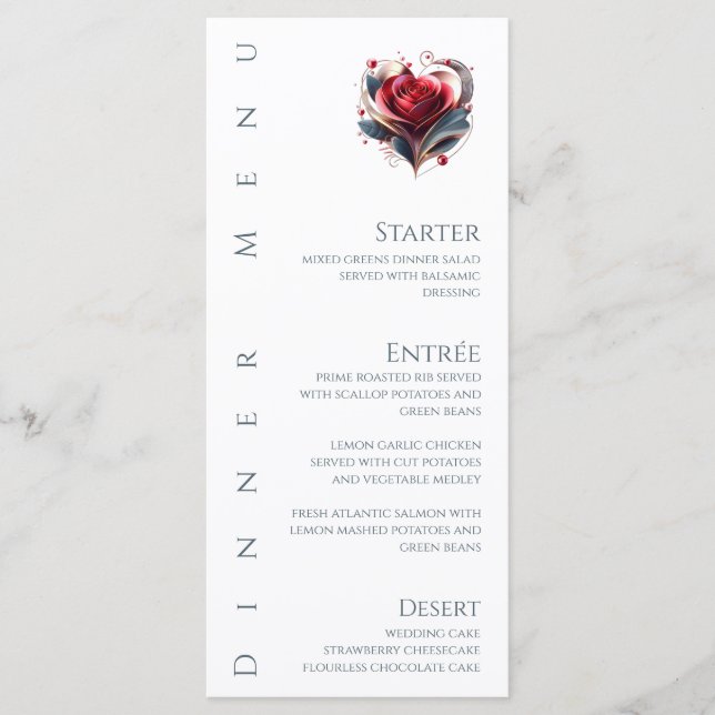 Dinner and Bar Menu-Modern Heart Shaped Rose  Menu (Front)