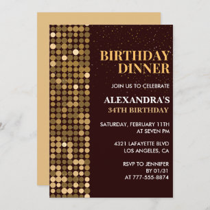 Dinner Glitter Glam Black Gold 34th birthday Invitation