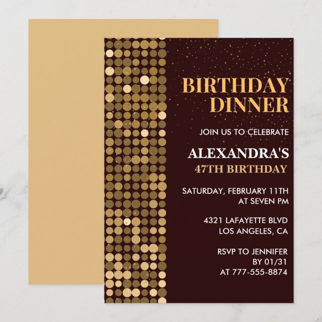 Dinner Glitter Glam Black Gold 47th birthday Invitation (Front/Back)